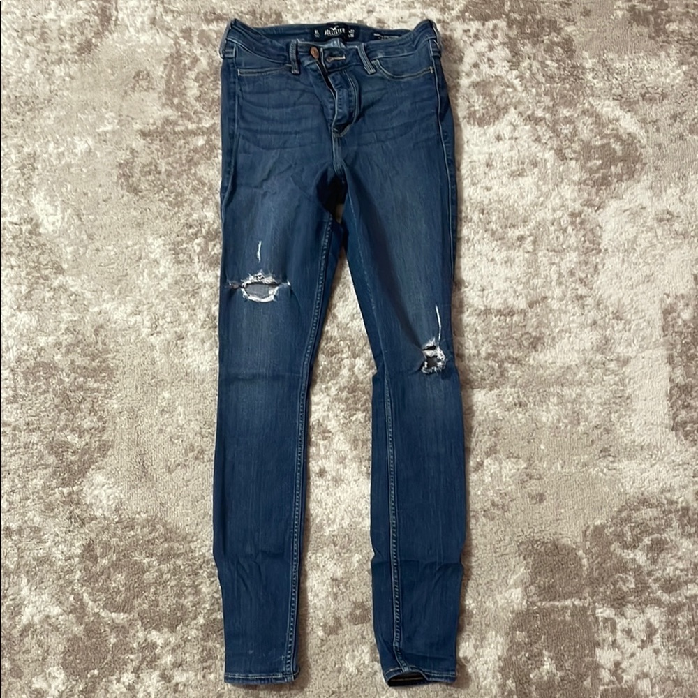 Hollister Blue High Rise Skinny Jeans with Distressed Details